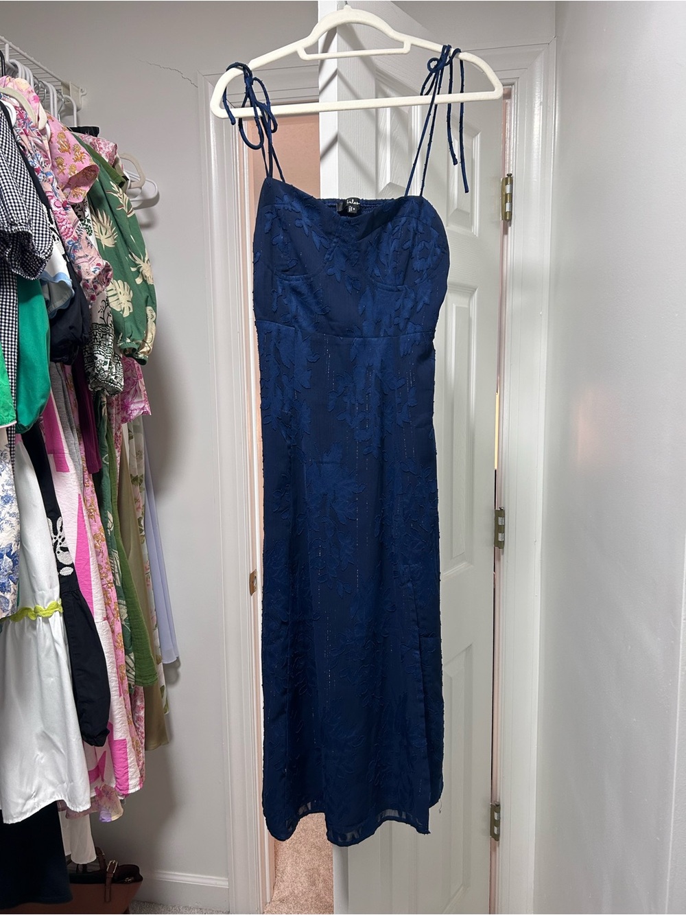 Lulu's Navy Blue Floral-Textured Midi Dress with Tie Straps